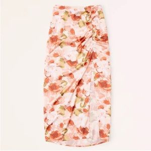 Abercrombie Cinched Satin Floral Rose Midaxi Midi Skirt Slit White Burgundy